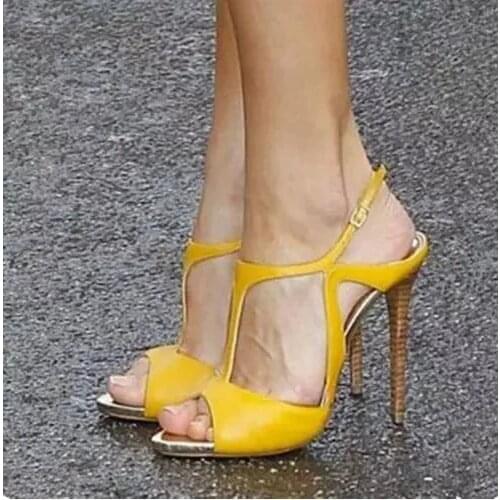 Summer Ankle Strap High Heels Woman Gladiator Sandals Yellow Sheep Leather Women Pumps Open Toe Shoes Party Dress Heels