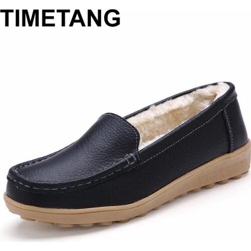 TIMETANGgenuine leather woman flats new winter plush boat shoes women keep warm woman loafers mother cotton shoesE1426