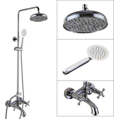 Wall Mounted Bathroom Rain Shower Faucet Set Polished Chrome Brass Handheld Shower Head Two Cross Handles Tub Mixer Tap acy358