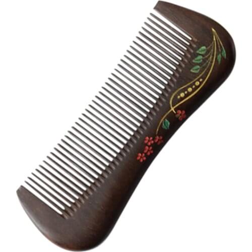 Natural Handmade Wooden Comb, Fine Tooth Sandalwood Comb Hair Comb with Flower Gold Drawing, No Static No Snag Wood Comb