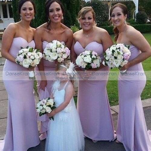 Cheap Strapless Lilac Mermaid Bridesmaid Dresses 2021 Lace Up Back Sweetheart Satin Wedding Party Dress For Women