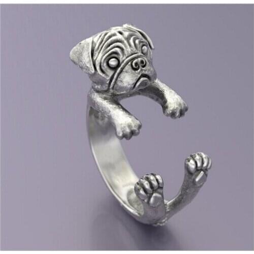 Wholesale Unique Handmade Boho Chic Retro Pug Ring Female and Male Pet Lovers Gift Idea-- 12pcs/lot
