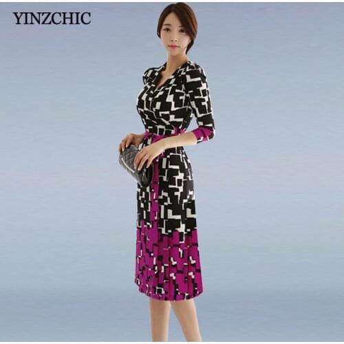 Fashion Spring Woman Print Dress V-neck Sash Waisted Ladies Elegant Party Dresses OL Slim Knee-length Office Dresses Woman