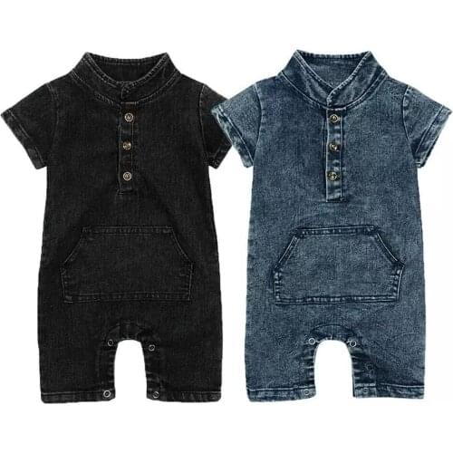 Dropshipping Summer Baby Boys Clothes Short Sleeve Button Denim Romper One-Piece Outfit Sunsuit Summer Clothes