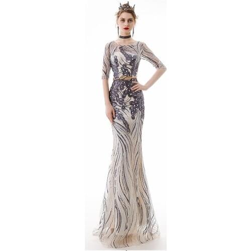 Luxury Mermaid Evening Dresses O Neck Half Sleeves Lace Sequined Silver Gray Gold Formal Long Prom Celebrity Gowns For Guest New
