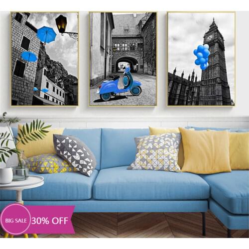 Christmas Decoration Canvas Painting Posters City Landscape Blue Decorative Balloon Umbrella Wall Art Picture Home Decor
