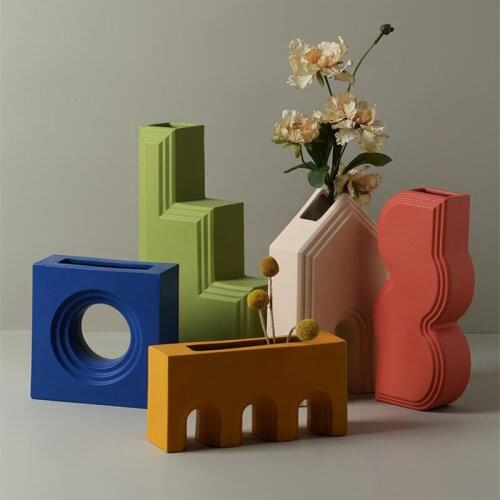 Nordic geometric architectural Ceramic vase home decoration Dried flower arrangement container living room desktop jarrones pot
