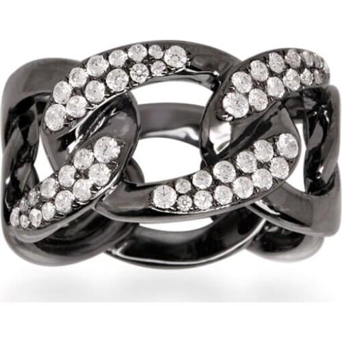 SOELLE Fashion Pure 925 Sterling Silver Black Dark Grey Large Chain Link Ring Micro Zirconia Women Luxury Brand Garconne Jewelry