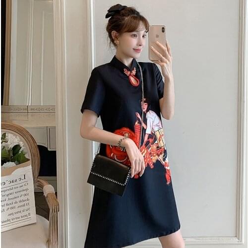 Loose Modified Dress Summer New Daily Casual Fashion Printing Young Short Cheongsam 2 Colors Qipao For Women
