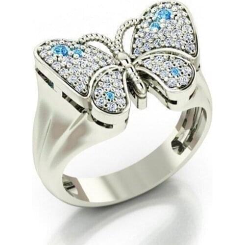 Unique Fashion Silver Color Lovely Butterfly Insect Crystal Zircon Ring for Women Rhinestone Female Metal Party Hand Jewelry