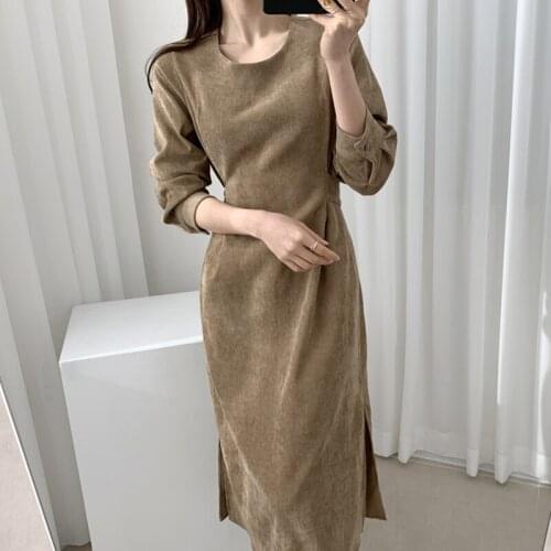Spring Autumn Women Casual Corduroy Dresses Eleagnt lace-up Slim Dress Fashion Dropshipping