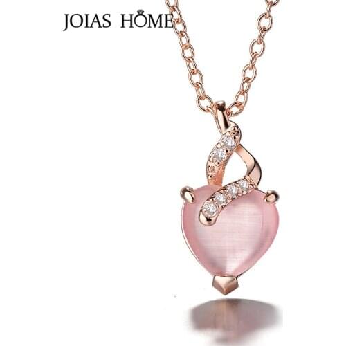 JoiasHome Heart shaped Rose quartz Pendant Necklace for Women Silver 925 Jewelry Gemstones Female Clavicle Chain for Engagement