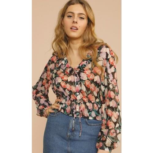Women Shirt Spring and Summer 2021 New Tulip Watercolor Painting with Wooden Ear Edge Lapel Drawstring Waist Shirt