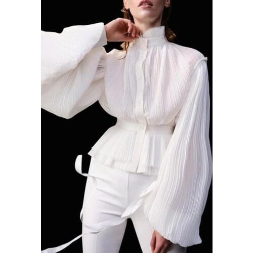 Women Shirt Office Style High-Quality Personalized Design Regaal Court Heavy Industry Pleated Lantern Sleeve