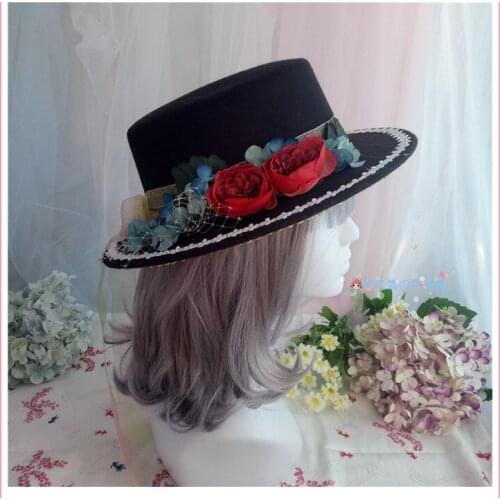 2020 Design Women Lolita Hat Fairy Flower Lace Bow Fedora Cap Vintage Girls Wool Felt Cosplay Show Costume Flat Fedora Headwear