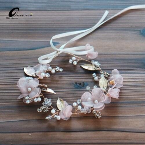 Pink Flower Tiara Bridal Headband Tiaras Wedding Hair Accessories Pearls Hairband Women Leaves Headpiece Bridal Hair Jewelry