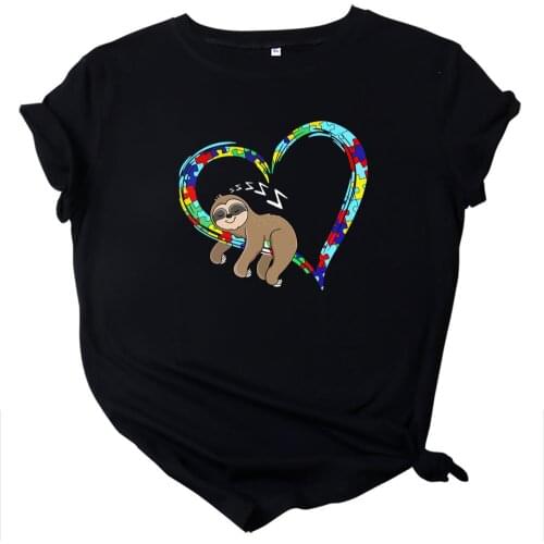 MK Cartoon Sloth Love Printed Womens Tshirts Cotton O-Neck Short Sleeves Plus Size S-5XL Tops Tees