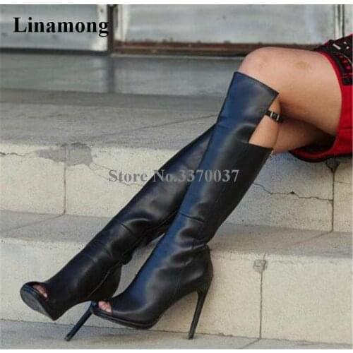 Women New Fashion Open Toe Black Leather Knee High Gladiator Boots Cut-out Long High Heel Boots Super High Heel Boots