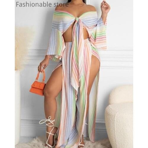 Women Striped Off Shoulder Bell Sleeve Tie Front Top and High Waist Split Pants 2ps Set