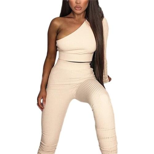 2020 Autumn New Sports Suit European and American Womens Solid Color One Shoulder T Shirt Pants Two Piece Set Ladies Tracksuit