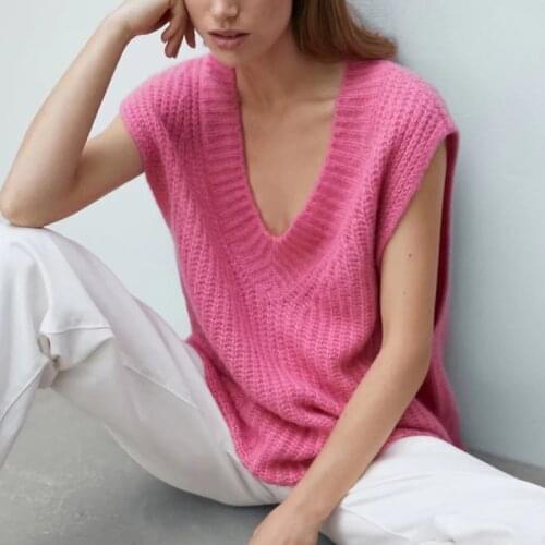 TRAF Za 2021 Knitted Tank Tops Women Autumn Vintage Sleeveless Top Sweater Vest Women Clothes Casual Pullover Knitwear Streetwer