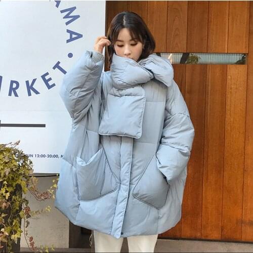 Women White Duck Down Coat 2021 Winter New Fashion Female Scarf OverSize Jackets Round Neck Loose Thicken Parkas Warm Outwear