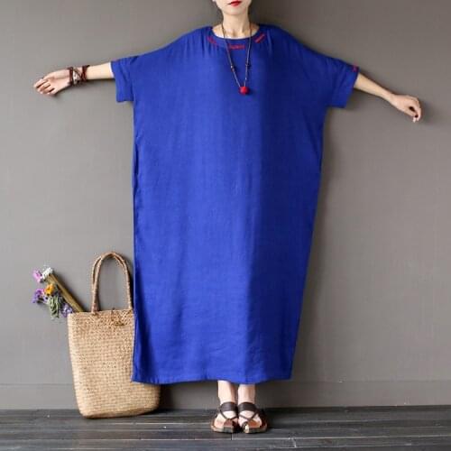 Johnature 2021 Embroidery Women Dress Loose Bat Sleeve Robes Vintage Cotton Linen New Summer Fall O-neck Maxi Dresses