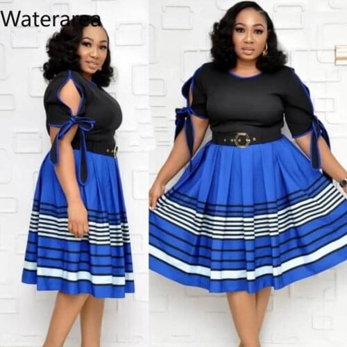 2019 Summer Plus Size Dress Women O-Neck Full Sleeve Patchwork Bow Pleated Big Swing Knee-Length Dress Office Lady Dress AM372
