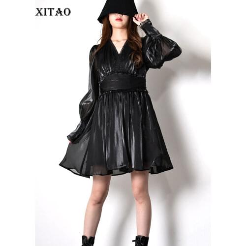 XITAO Ruffles Pleated Bandage Empire Waist Dress Women 2019 Autumn Fashion Small Fresh New Style V Neck Collar Dress GCC2616