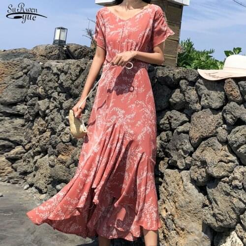 Vestido Women Short Sleeve Floral Print Dress Women Summer Midi Long Dress V-neck Chiffon Dresses Ruffles Party Clothing 10178