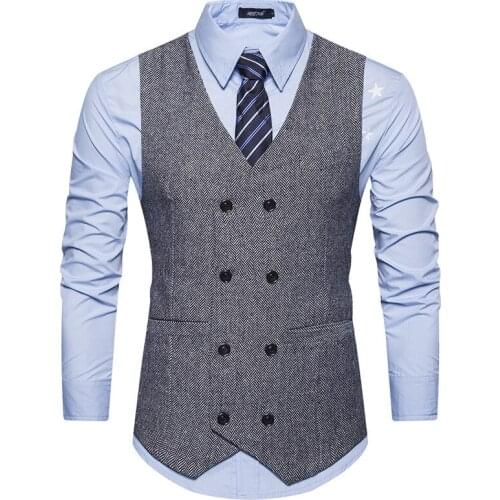 Double-breasted Men suit Waistcoats Pure Color Men suit Waistcoats autumn v-collar retro men Waistcoats Side seam pocket