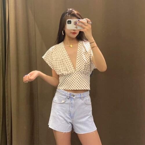 ZXQJ Women 2021 Fashion With Bow Polka Dot Linen Crop Blouses Vintage Backless Short Sleeve Female Shirts Chic Blusas Tops