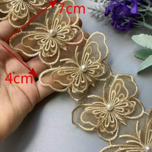 10X 3D Gold Pearl Double Layer Lace Trim Ribbon Mesh Bowknot Embroidered Applique Fabric DIY Wedding Dress Sewing Supplies 7CM