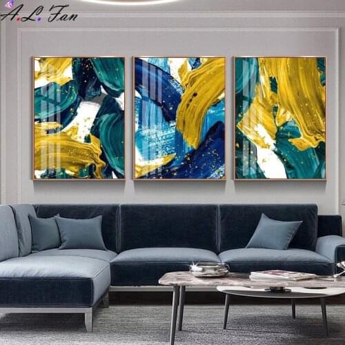 Abstract wall poster yellow blue gold leaf nordic canvas print colorful block art frames living room hotel decor