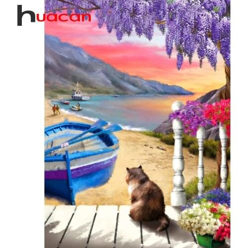 Huacan 5D DIY Diamond Painting Landscape Cat Full Diamond Embroidery Mosaic Rhinestones Decoration Home