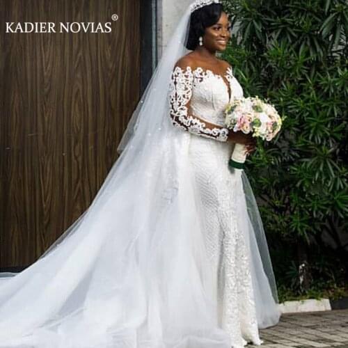 Long Sleeves White Lace Mermaid Wedding Dresses 2020 with Detachable Skirt For Black Girls Arabic Vestido de noiva