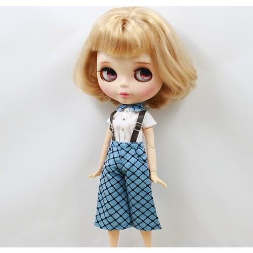 DBS Blyth doll icy licca body Blue Plaid Overalls with white Shirt 1/6 girl boy gift