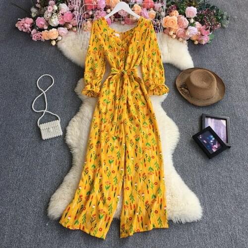 Spring Autumn Women Holiday Style Print V-neck Long Sleeve Jumpsuits Female Vintage High Waist Lace-up Wide Leg Pants