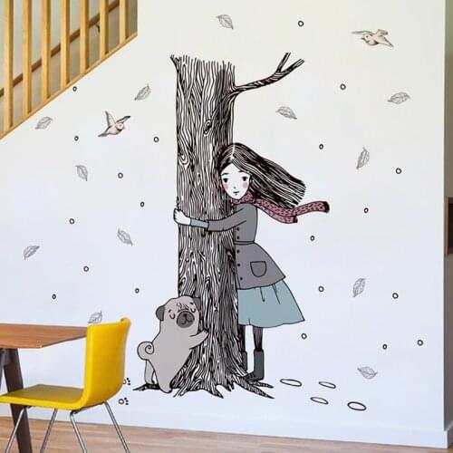 Girl Dog Hug Tree Wall Sticker Home Decoration Kids Room Background PVC Decals Cartoon Vinyl Mural Window Posters