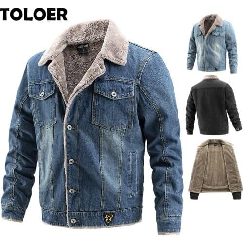 Plus Velvet Thick Denim Jacket Men Casual Lapel Cotton Jeans Jackets Male Fur Collar Warm Winter Cowboy Mens Jackets And Coats