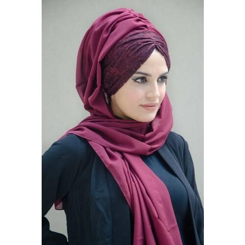 Hijab Claret Red Lace Twirl Headband Hat Shawl Headdress For Evening Dresses