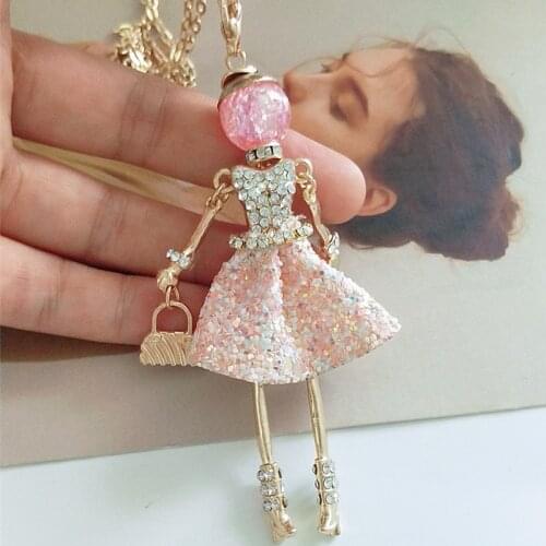 HOCOLE Girl Doll Necklace For Women Pink Dress Design Alloy Rhinestone Pendants Necklaces Fashion Jewelry Gift Accessories