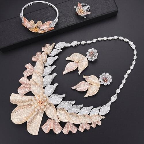LARRAURI 4PCS Jewelry Sets Cubic Zirconia Collar Necklace Earrings Bangle Resizable Ring Luxury Nigerian Bridal Jewelry Sets
