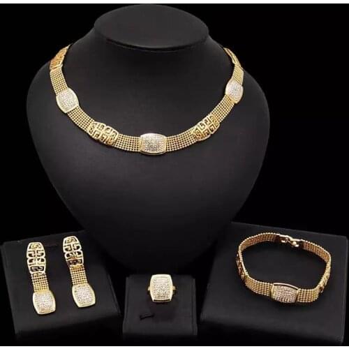 Wholesale African Jewelry Sets Gold Color Crystal Bridal Wedding Elegant Romantic Necklace Earrings Bangle Ring Jewelery Set