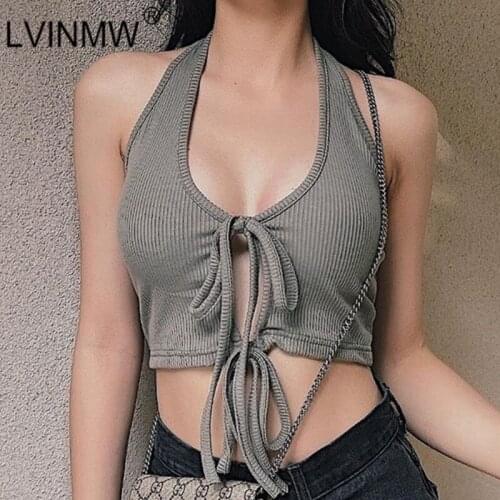 LVINMW Tank Front Lace Up V Neck Halter Solid Casual Crop Top Sleeveless Backless Hollow Out Navel Slim Vest Ribbed Knitting