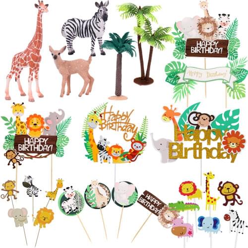 WEIGAO Boy Birthday Cake Decor Zoo Monkey Lion Jungle Party Cake Toppers Safari Birthday Theme Cupcake Wrappers Cake Flags Decor