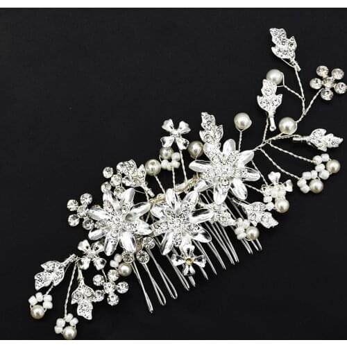 Fashion style beautiful white Flower Hairpins Pearls Rhinestone Hair Combs Prom Bridal Wedding Gold Leaves Hair Jewelry