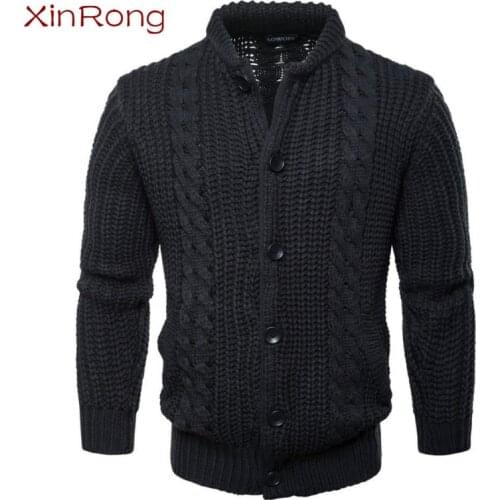 Spring and winter cotton twist thick line sweater mens solid color thickening retro round neck sweater buttoned cardigan jacket