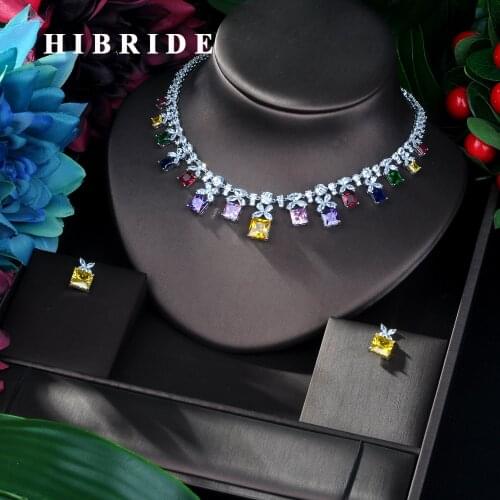HIBRIDE Sparkling Multicolor Cubic Zirconia Jewelry Sets for Women Earring Necklace Set Wedding Dress Accessories Party GiftN-54