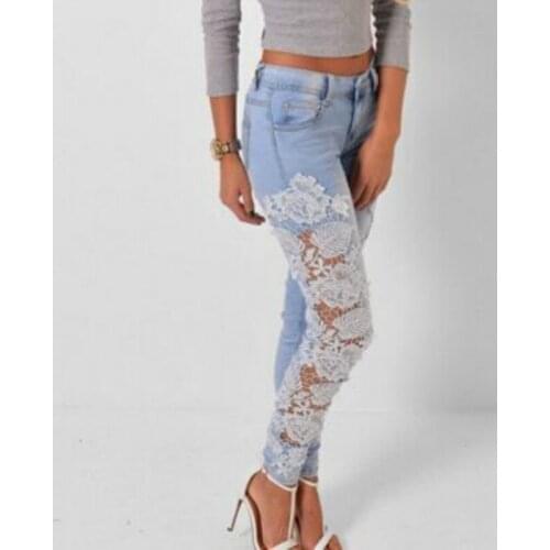 New Sexy Womens Denim Light Blue Skinny Jeans Crochet Lace Party Pants With Chain boyfriend jeans for women